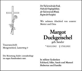 Traueranzeige von Margot Duckgeischel von vrm-trauer