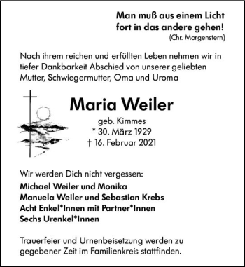 Traueranzeige von Maria Weiler von vrm-trauer