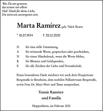 Traueranzeige von Marta Ramirez von vrm-trauer