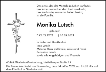 Traueranzeige von Monika Lutsch von vrm-trauer