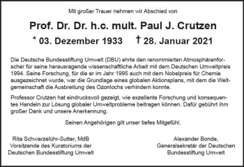 Traueranzeige von Paul J. Crutzen von vrm-trauer
