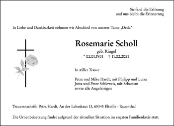 Traueranzeige von Rosemarie Scholl von vrm-trauer