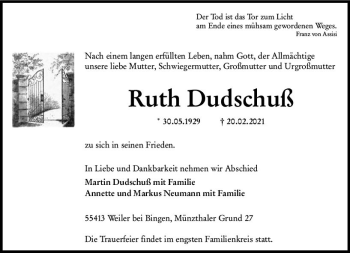 Traueranzeige von Ruth Dudschuß von vrm-trauer
