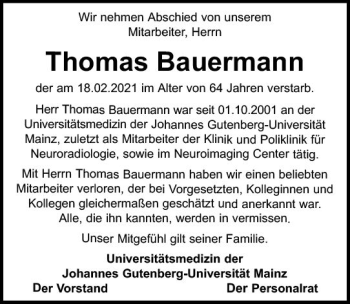 Traueranzeige von Thomas Bauermann von vrm-trauer