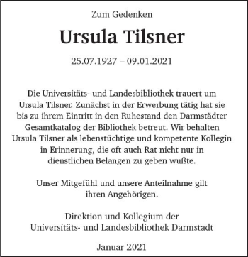 Traueranzeige von Ursula Tilsner von vrm-trauer