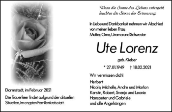 Traueranzeige von Ute Lorenz von vrm-trauer