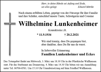 Traueranzeige von Wilhelmine Lunkenheimer von vrm-trauer