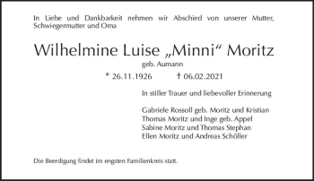 Traueranzeige von Wilhelmine Luise Moritz von vrm-trauer