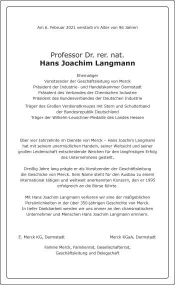 Traueranzeige von Hans Joachim Langmann 