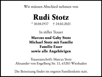 Traueranzeige von Rudi Stotz von VRM Tageszeitungen
