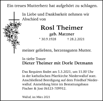 Traueranzeige von Rosl Theimer von VRM Tageszeitungen