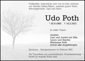 Traueranzeige von Udo Poth von VRM Tageszeitungen