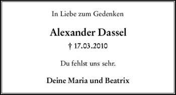 Traueranzeige von Alexander Dassel von vrm-trauer
