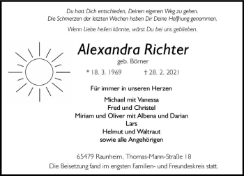 Traueranzeige von Alexandra Richter von vrm-trauer