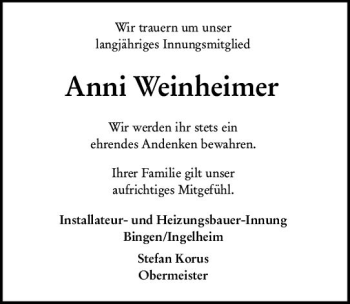 Traueranzeige von Anni Weinheimer von vrm-trauer