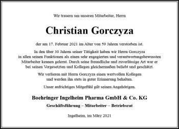 Traueranzeige von Christian Gorczyza von vrm-trauer