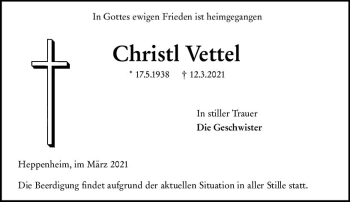 Traueranzeige von Christl Vettel von vrm-trauer