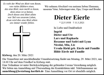 Traueranzeige von Dieter Eierle von vrm-trauer