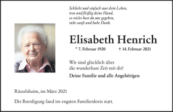 Traueranzeige von Elisabeth Henrich von vrm-trauer