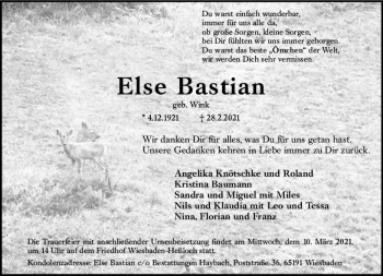 Traueranzeige von Else Bastian von vrm-trauer