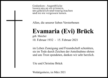 Traueranzeige von Evamaria Brück von vrm-trauer