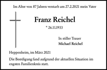 Traueranzeige von Franz Reichel von vrm-trauer