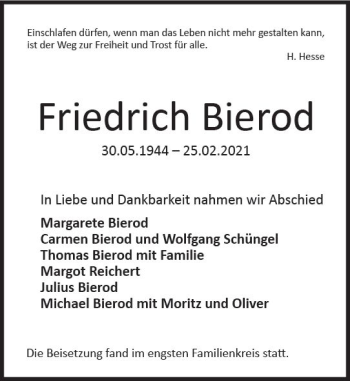 Traueranzeige von Friedrich Bierod von vrm-trauer