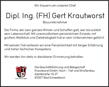 Traueranzeige von Gert Krautworst von vrm-trauer