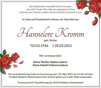 Traueranzeige von Hannelore Kromm von vrm-trauer