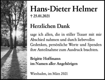 Traueranzeige von Hans-Dieter Helmer von vrm-trauer