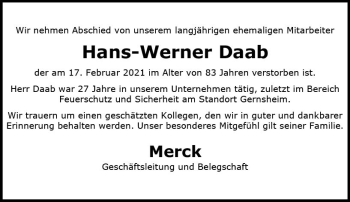 Traueranzeige von Hans-Werner Daab von vrm-trauer