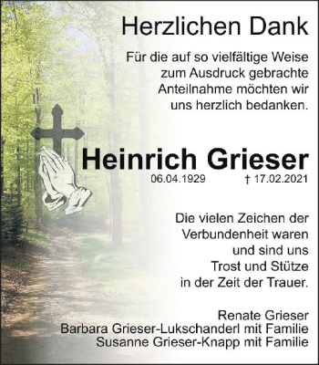 Traueranzeige von Heinrich Grieser von vrm-trauer
