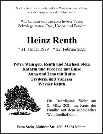 Traueranzeige von Heinz Renth von vrm-trauer