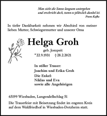 Traueranzeige von Helga Groh von vrm-trauer