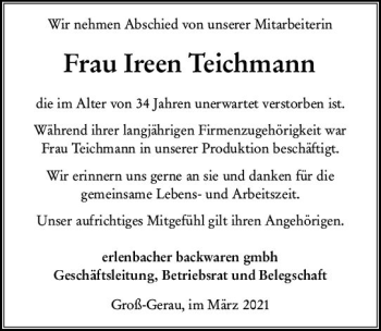 Traueranzeige von Ireen Teichmann von vrm-trauer
