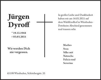 Traueranzeige von Jürgen Dyroff von vrm-trauer