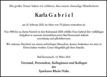 Traueranzeige von Karla Gabriel von vrm-trauer