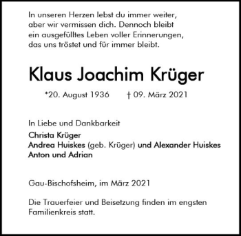 Traueranzeige von Klaus Joachim Krüger von vrm-trauer