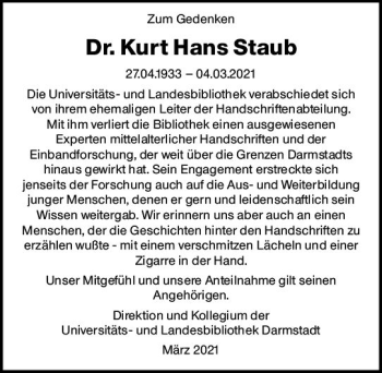 Traueranzeige von Kurt Hans Staub von vrm-trauer