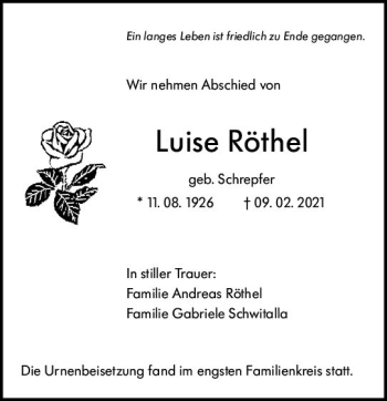 Traueranzeige von Luise Röthel von vrm-trauer