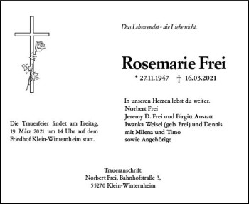 Traueranzeige von Rosemarie Frei von vrm-trauer