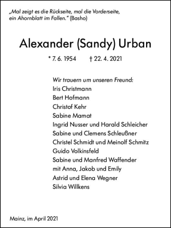 Traueranzeige von Alexander Urban von vrm-trauer