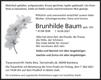 Traueranzeige von Brunhilde Baum von vrm-trauer