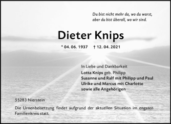 Traueranzeige von Dieter Knips von vrm-trauer