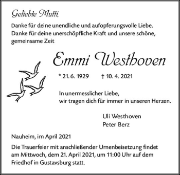 Traueranzeige von Emmi Westhoven von vrm-trauer