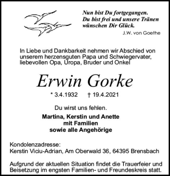 Traueranzeige von Erwin Gorke von vrm-trauer