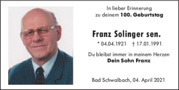 Traueranzeige von Franz Solinger von vrm-trauer