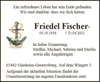 Traueranzeige von Friedel Fischer von vrm-trauer