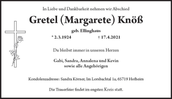 Traueranzeige von Gretel  Knöß von vrm-trauer
