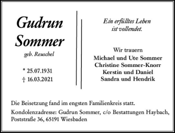Traueranzeige von Gudrun Sommer von vrm-trauer